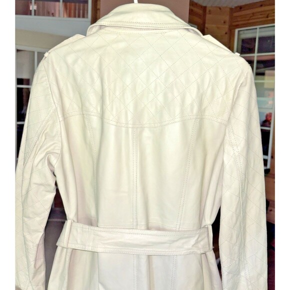 IMAN Leather Trench Coat Jacket Women M Cream Chic Retro Elegant Old World Fall - Picture 12 of 16